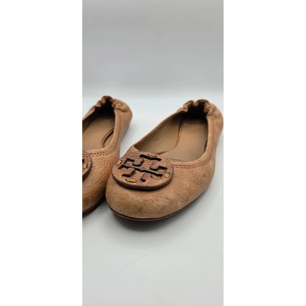 Tory Burch Reva Women Flats Sz 7 Tan Tumbled Leather Ballet Logo